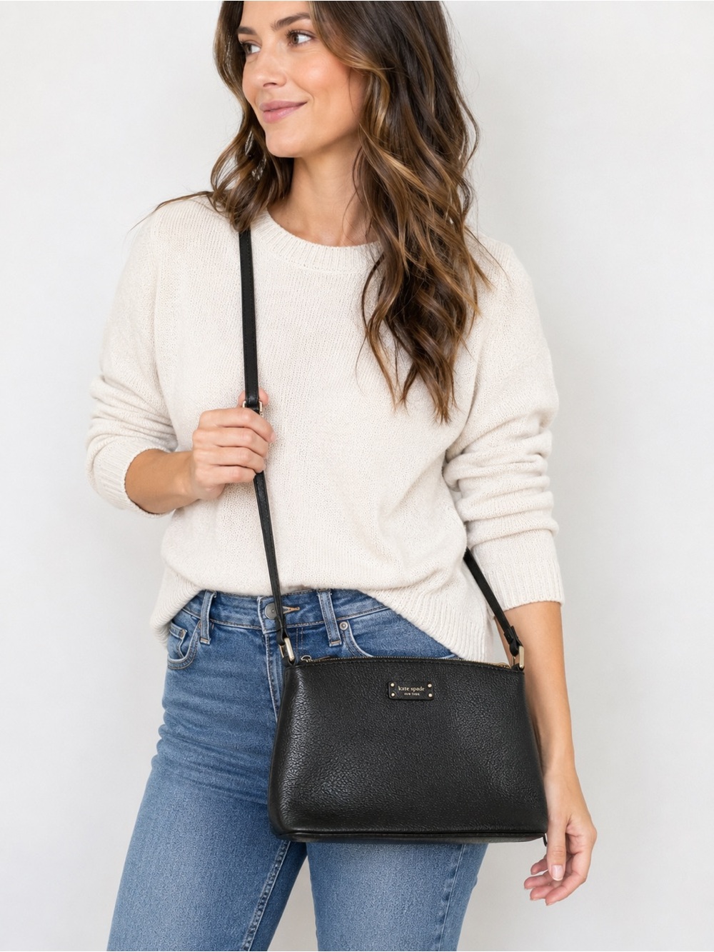 Kate Spade Pebbled Leather Crossbody Bag Black Gold Hardware